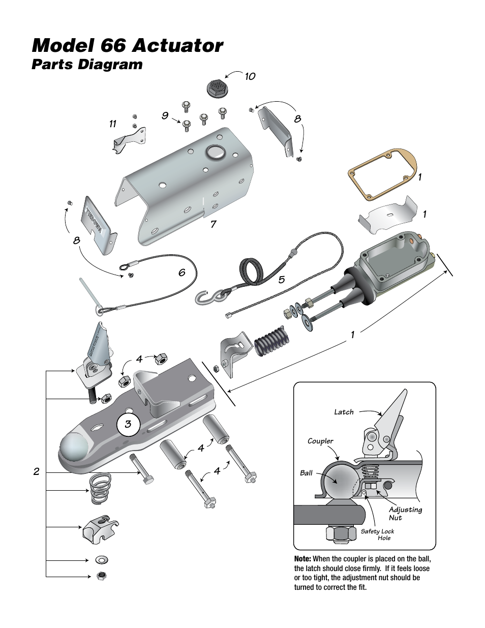 Model 66 actuator, Model 66 actuator parts list, Parts diagram | Tie Down 66 Actuator For Serial #16020 and above User Manual | Page 4 / 8