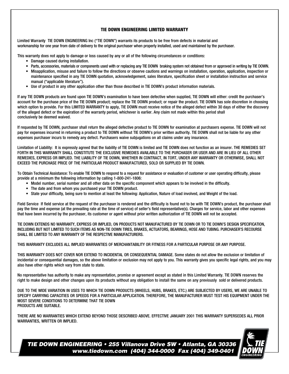 Tie Down 66 Actuator For Serial #16020 and above User Manual | Page 6 / 8