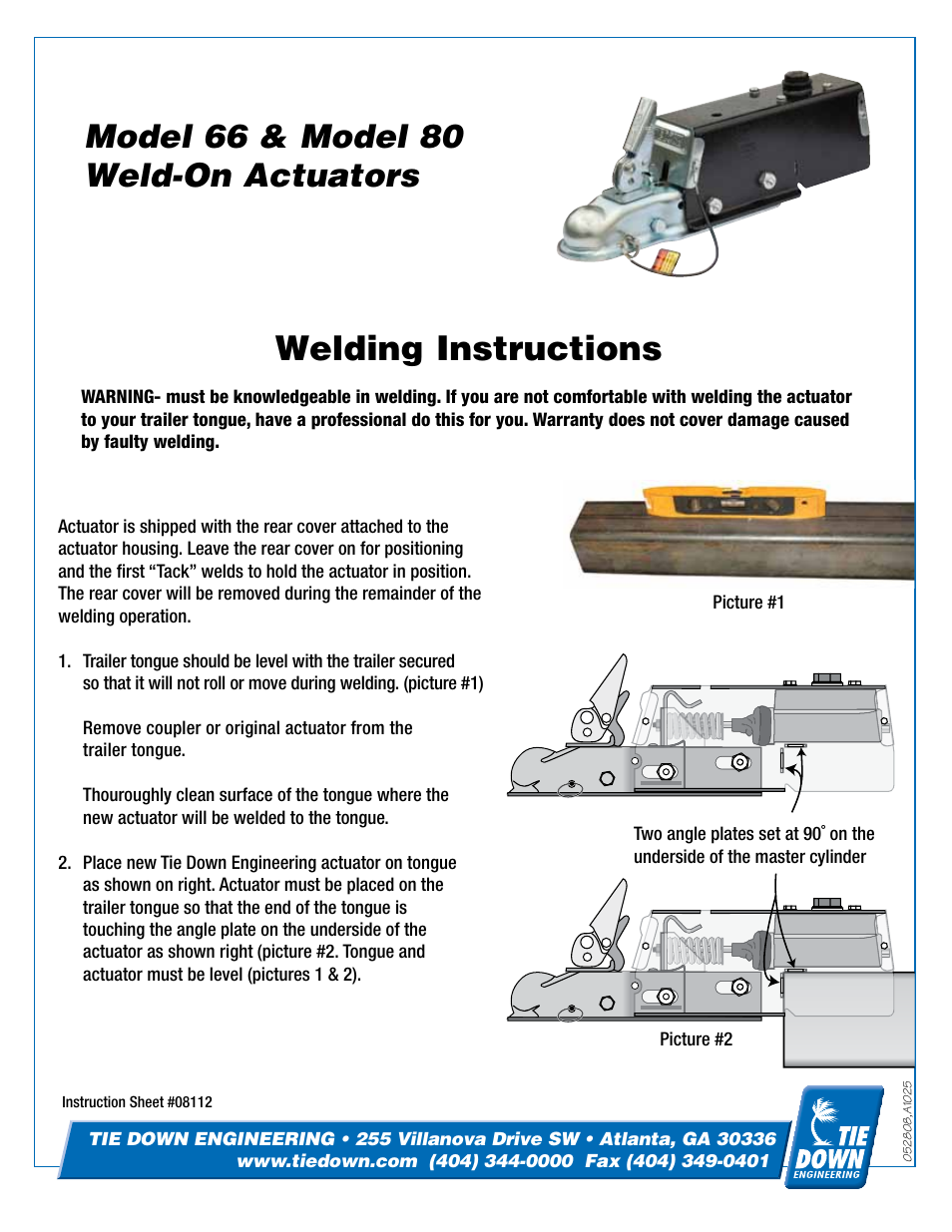 Tie Down 80 Weld-On Actuators User Manual | 2 pages