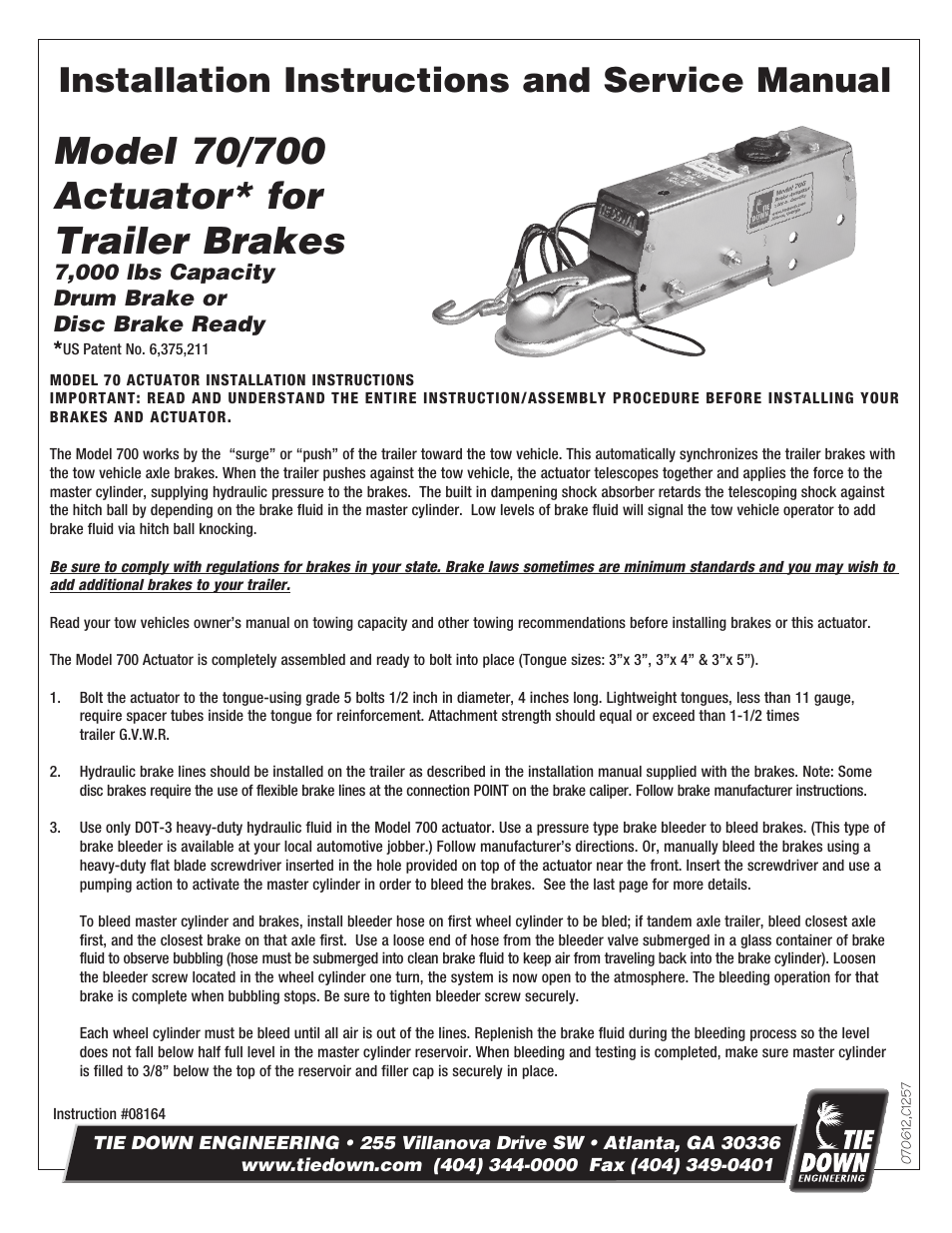 Tie Down 700 Brake Actuator User Manual | 8 pages