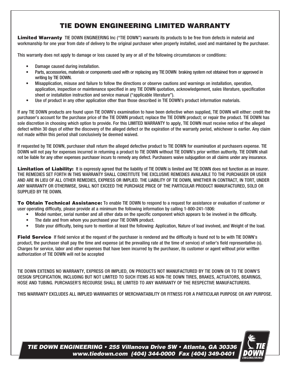 Tie down engineering limited warranty | Tie Down 700 Brake Actuator User Manual | Page 6 / 8