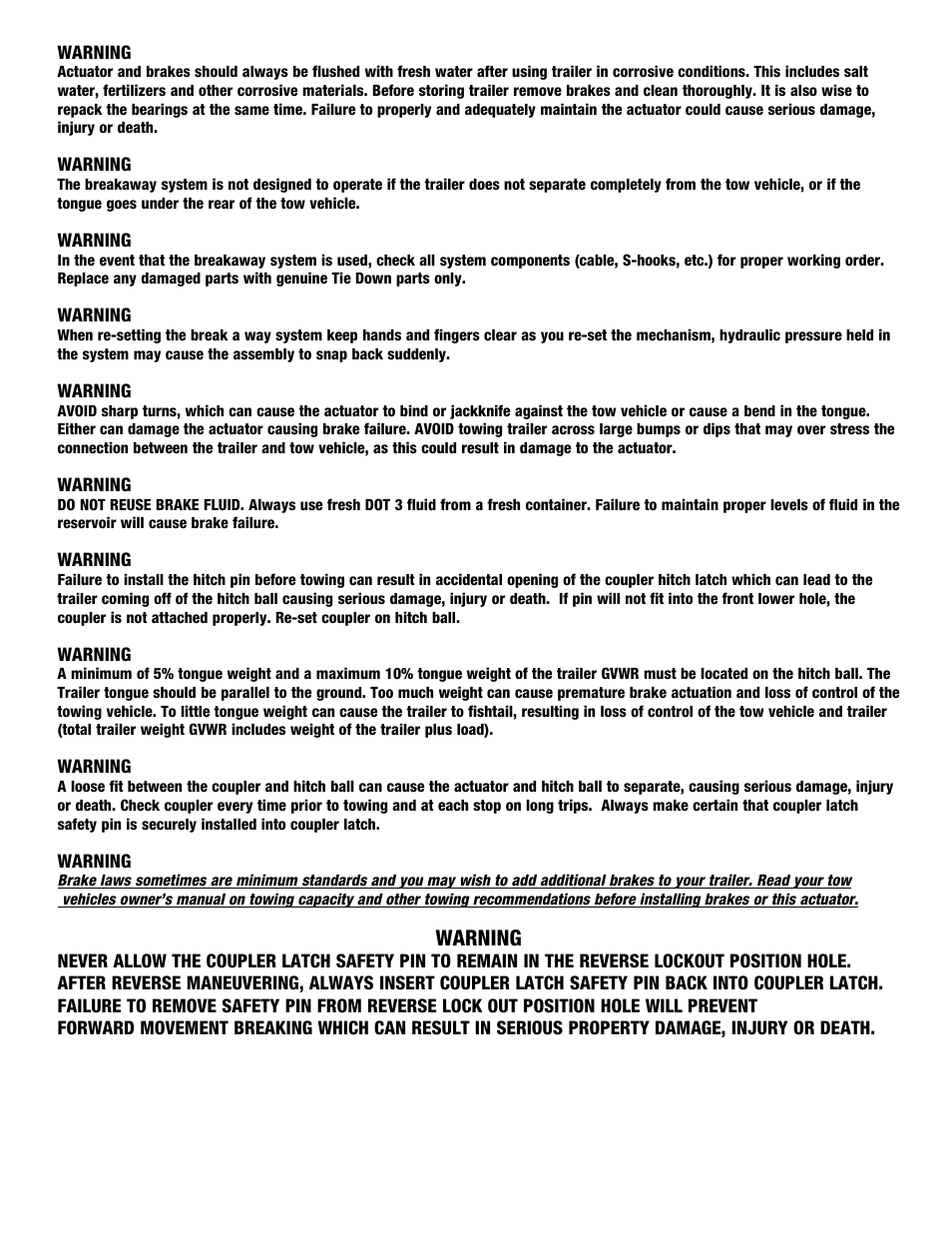 Warning | Tie Down 70E User Manual | Page 3 / 8