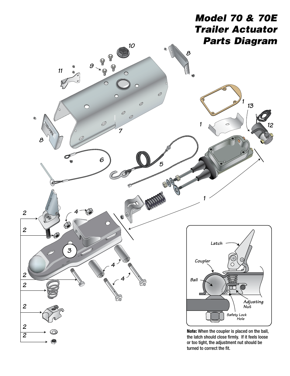 Model 70 & 70e trailer actuator parts diagram | Tie Down 70E User Manual | Page 4 / 8