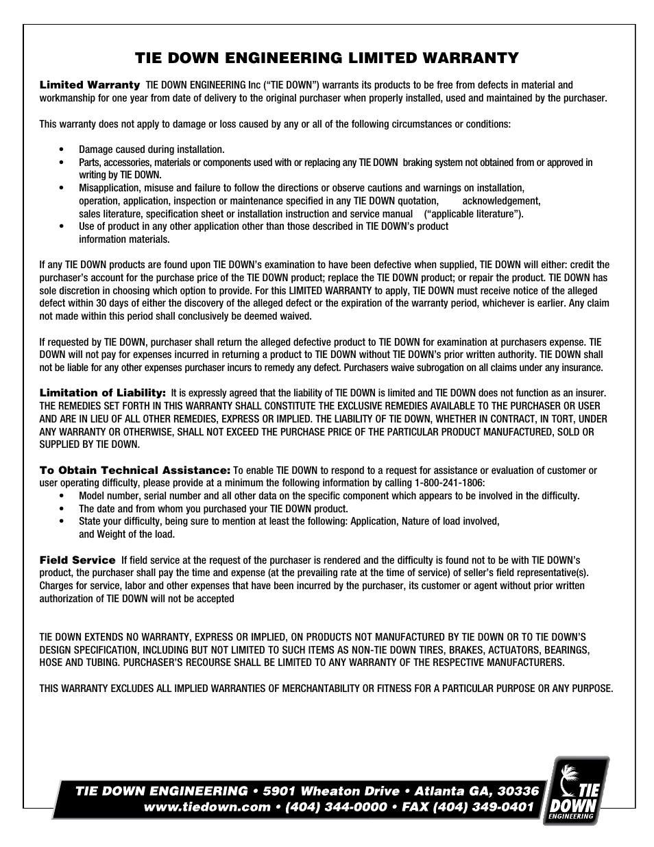 Tie down engineering limited warranty | Tie Down 70E User Manual | Page 6 / 8