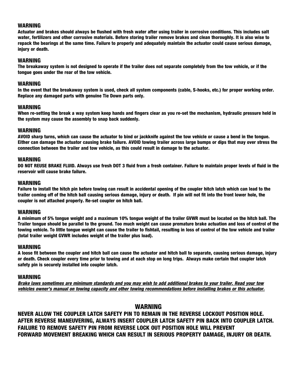 Warning | Tie Down 70LP User Manual | Page 3 / 8