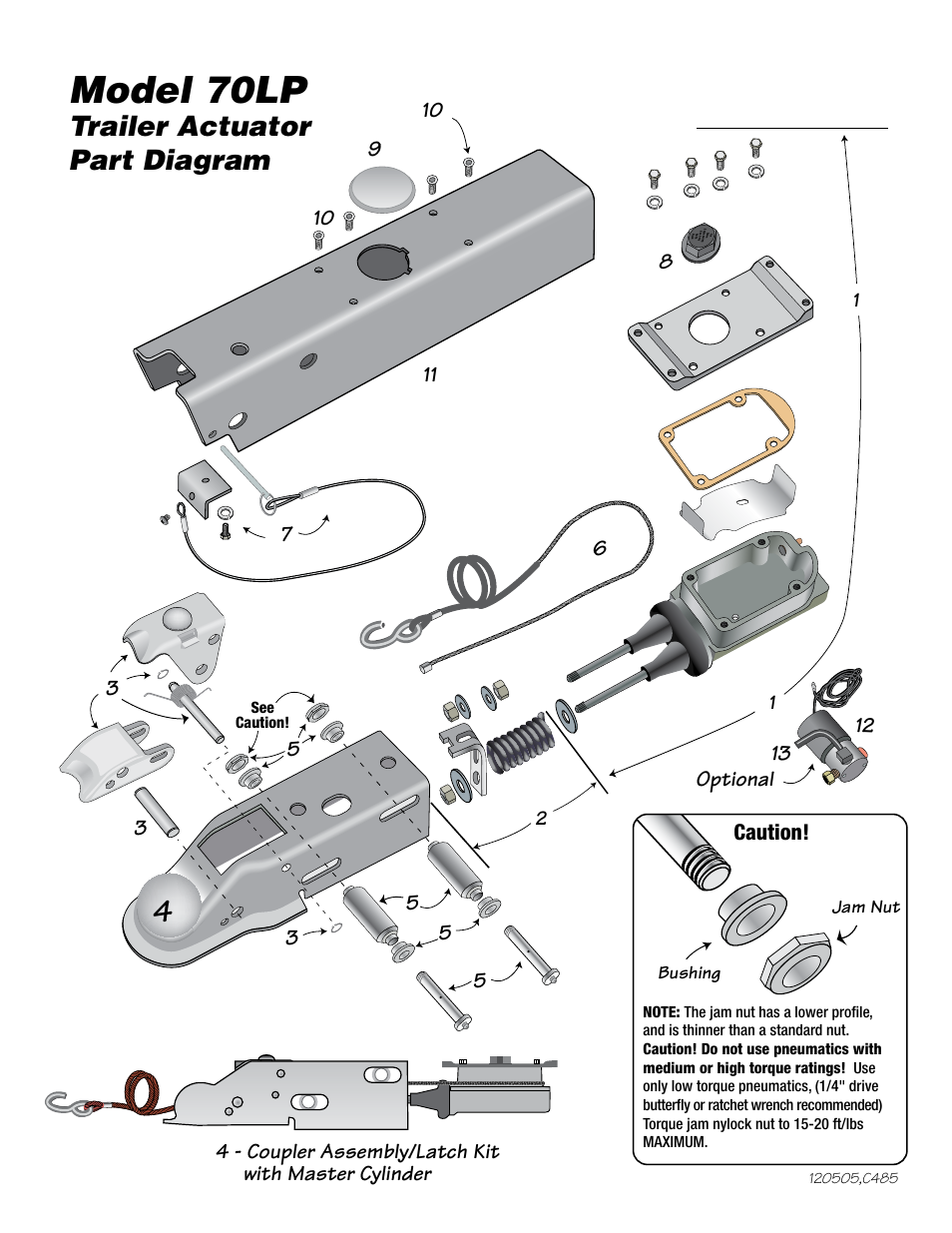 Model 70lp, Model 70lp actuator parts list, Trailer actuator part diagram | Caution | Tie Down 70LP User Manual | Page 4 / 8