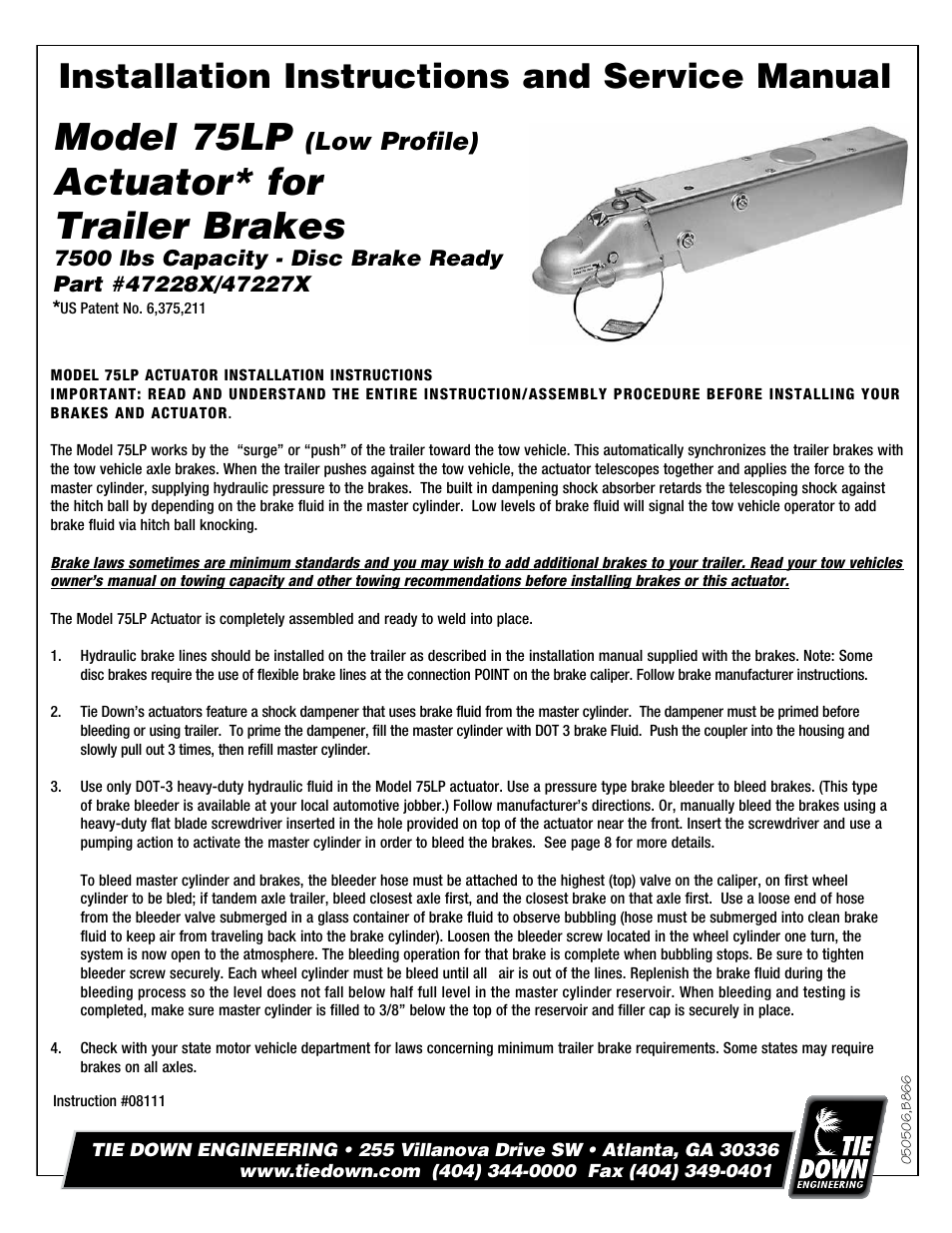 Tie Down 75LP User Manual | 8 pages