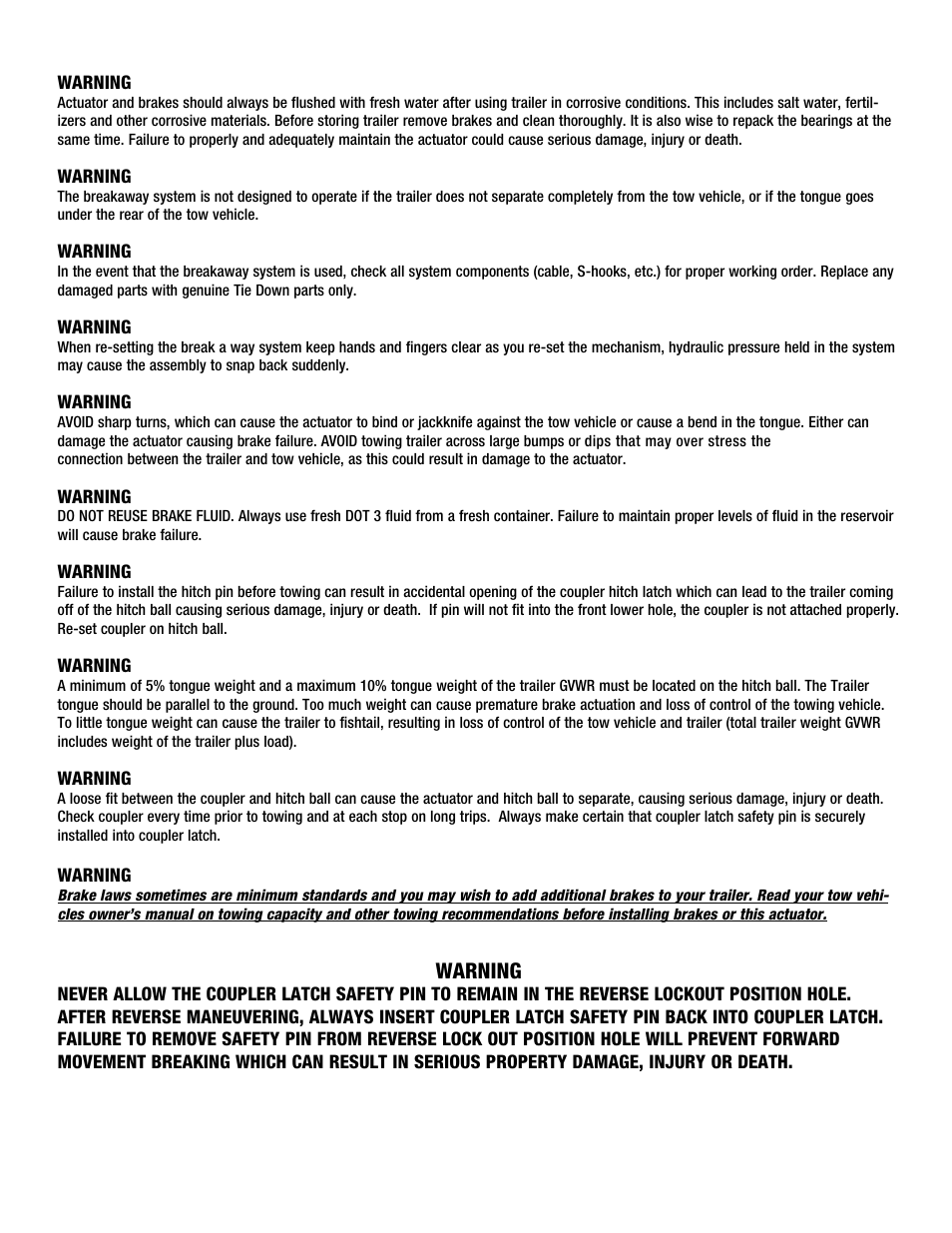Warning | Tie Down 75LP User Manual | Page 3 / 8