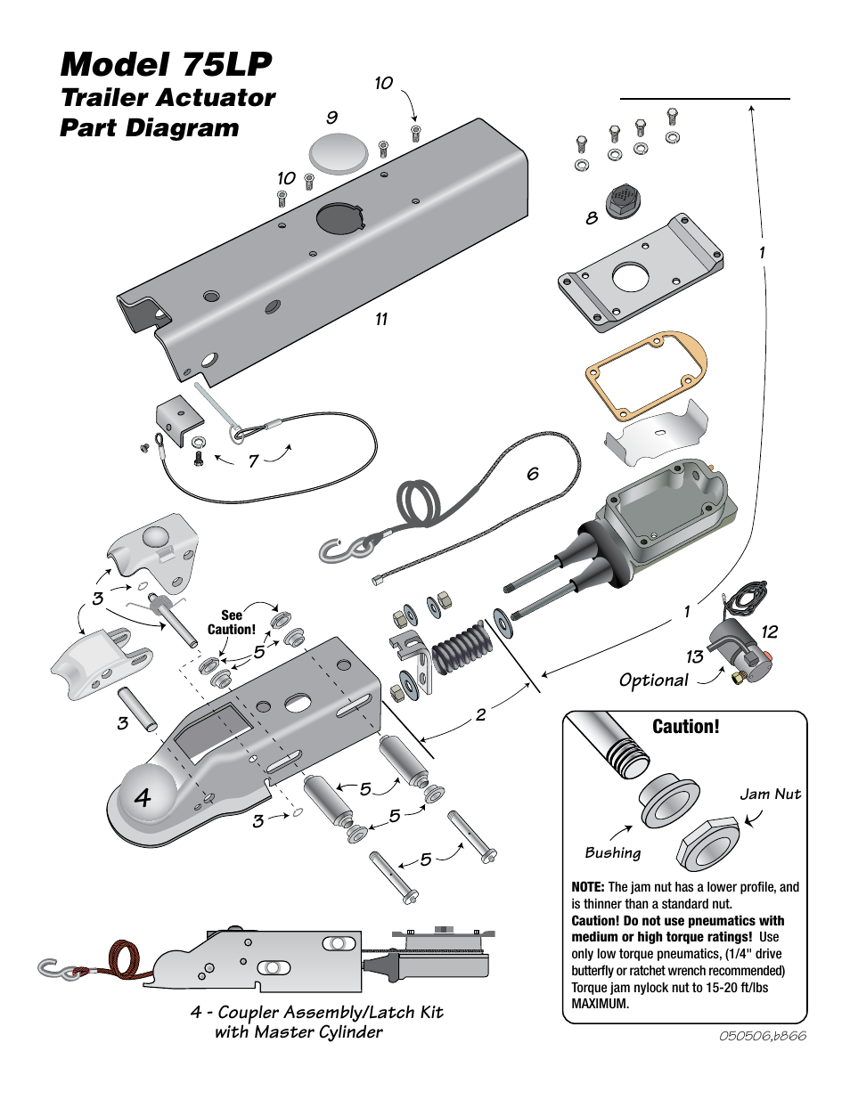 Model 75lp, Model 75lp actuator parts list, Trailer actuator part diagram | Tie Down 75LP User Manual | Page 4 / 8
