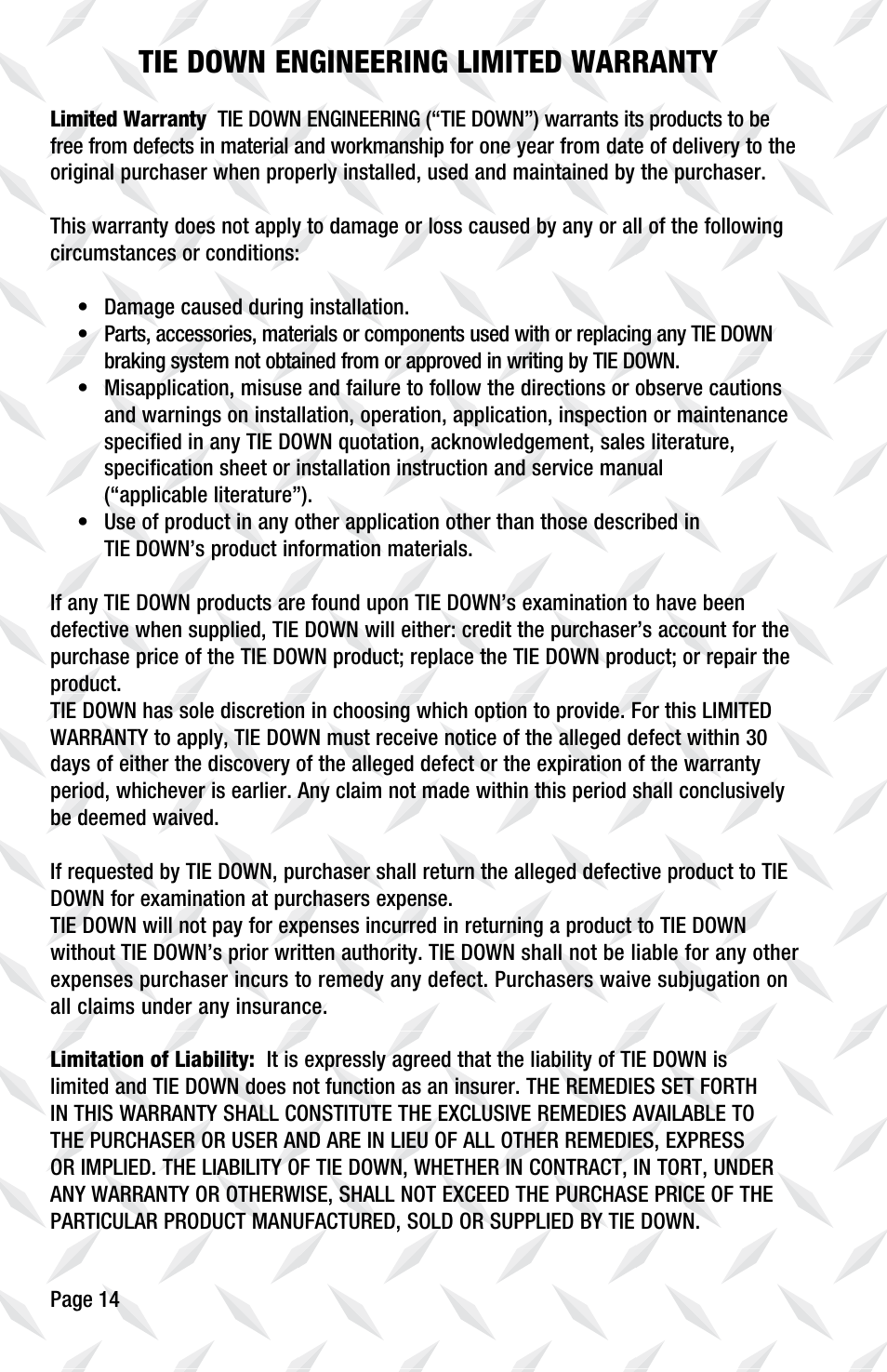 Tie down engineering limited warranty | Tie Down LP850 User Manual | Page 14 / 16