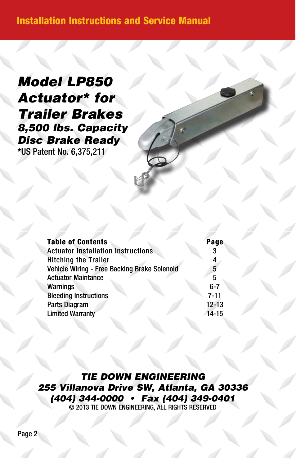Model lp850 actuator* for trailer brakes, 8,500 lbs. capacity disc brake ready, Installation instructions and service manual | Tie Down LP850 User Manual | Page 2 / 16