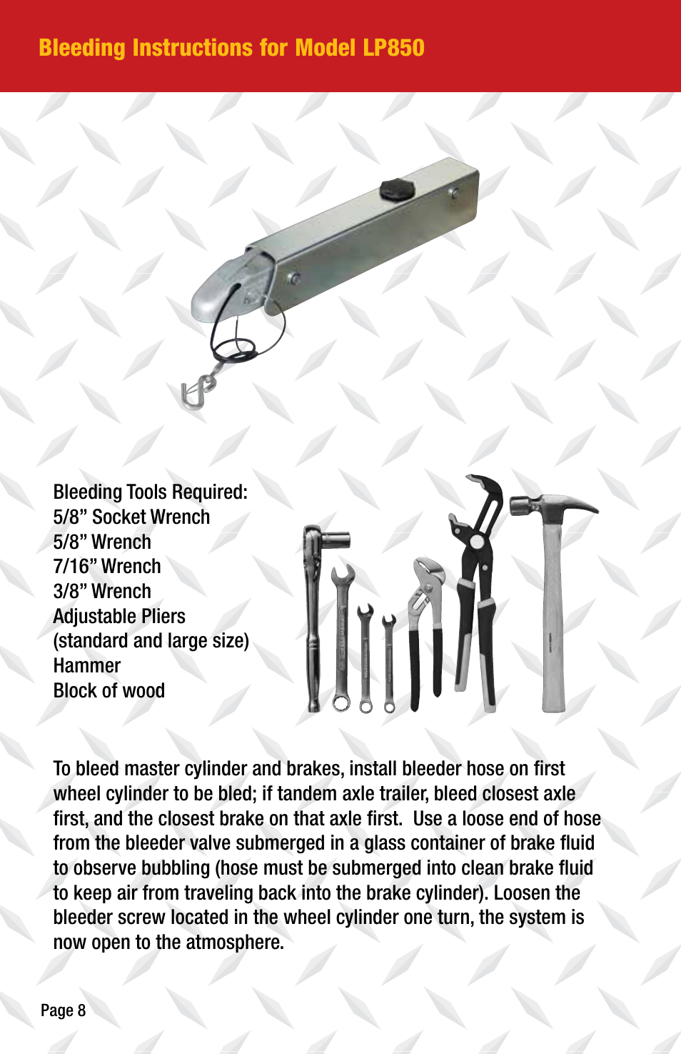 Bleeding instructions for model lp850 | Tie Down LP850 User Manual | Page 8 / 16