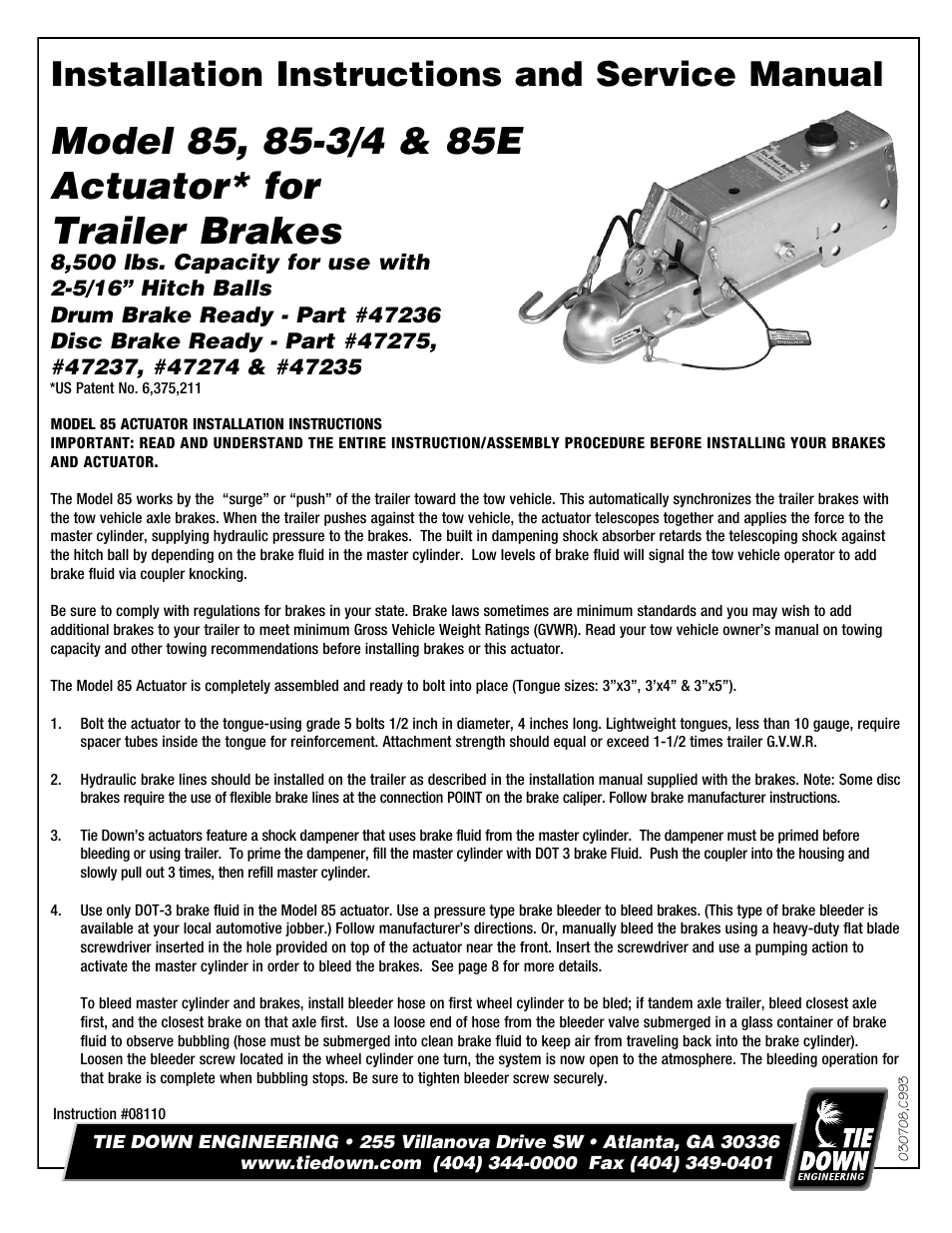 Tie Down 85E Actuator User Manual | 8 pages