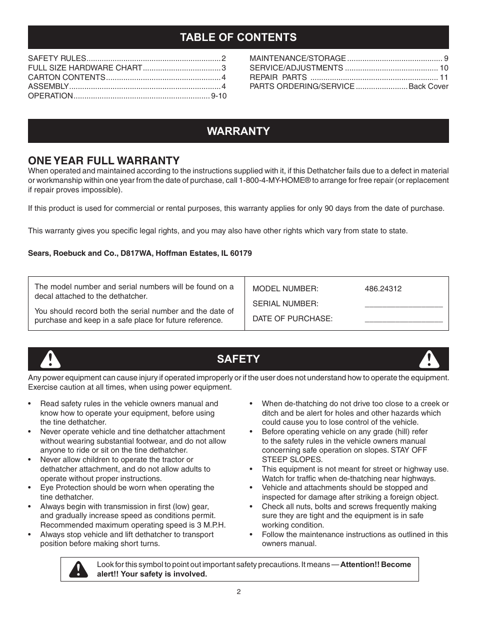 Table of contents warranty, Safety, One year full warranty | Craftsman TINE DETHATCHER 486.24312 User Manual | Page 2 / 12