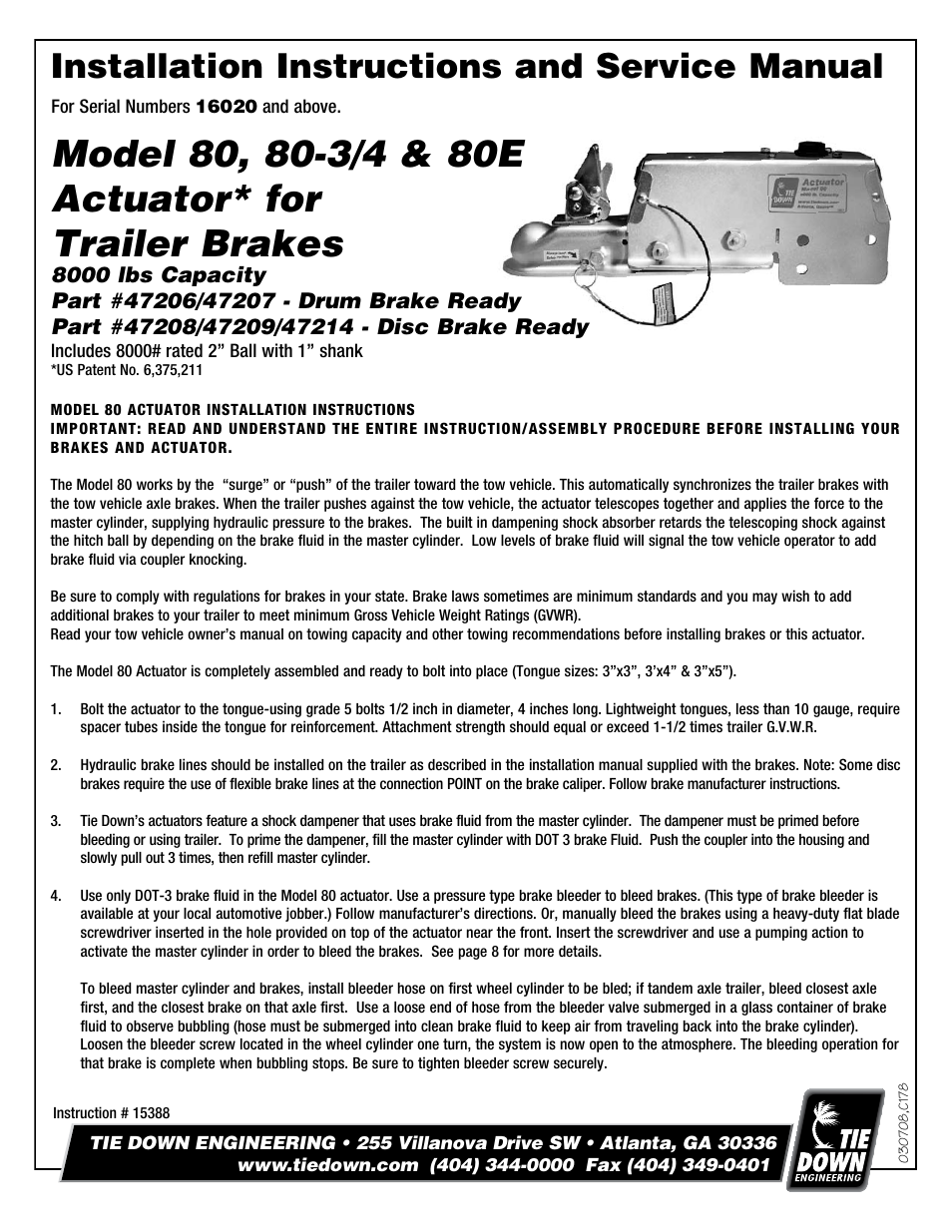 Tie Down 80E Actuator User Manual | 8 pages