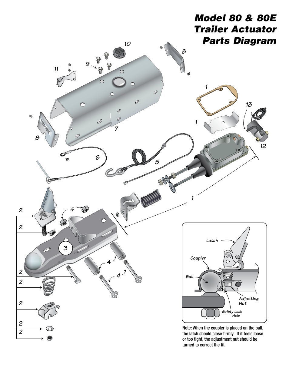 Model 80 & 80e trailer actuator parts diagram | Tie Down 80E Actuator User Manual | Page 4 / 8