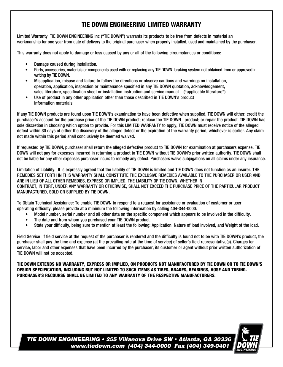 Tie down engineering limited warranty | Tie Down 80E Actuator User Manual | Page 6 / 8