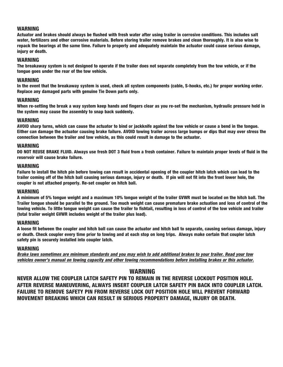 Warning | Tie Down 80LP User Manual | Page 3 / 8