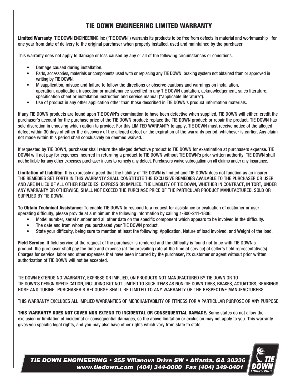 Tie down engineering limited warranty | Tie Down 80LP User Manual | Page 6 / 8