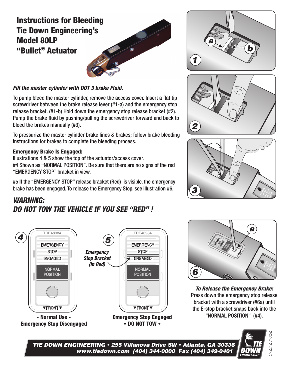 Warning: do not tow the vehicle if you see “red, Emergency stop bracket (in red) | Tie Down 80LP User Manual | Page 8 / 8