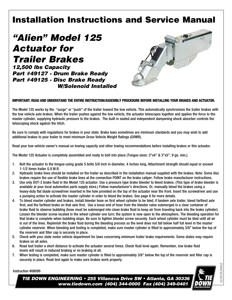 Tie Down 125 Alien Actuator User Manual | 8 pages