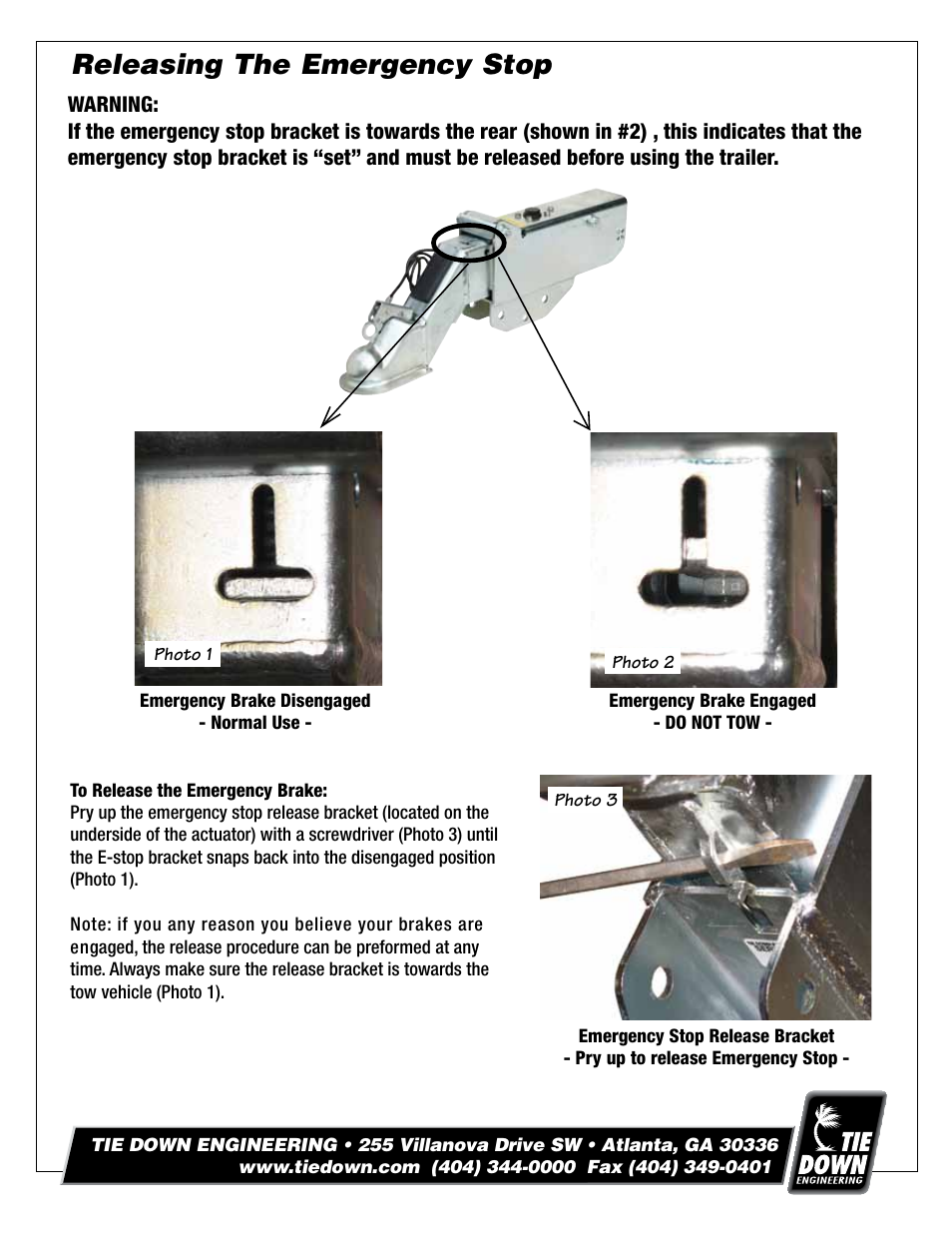 Releasing the emergency stop | Tie Down 125 Alien Actuator User Manual | Page 8 / 8