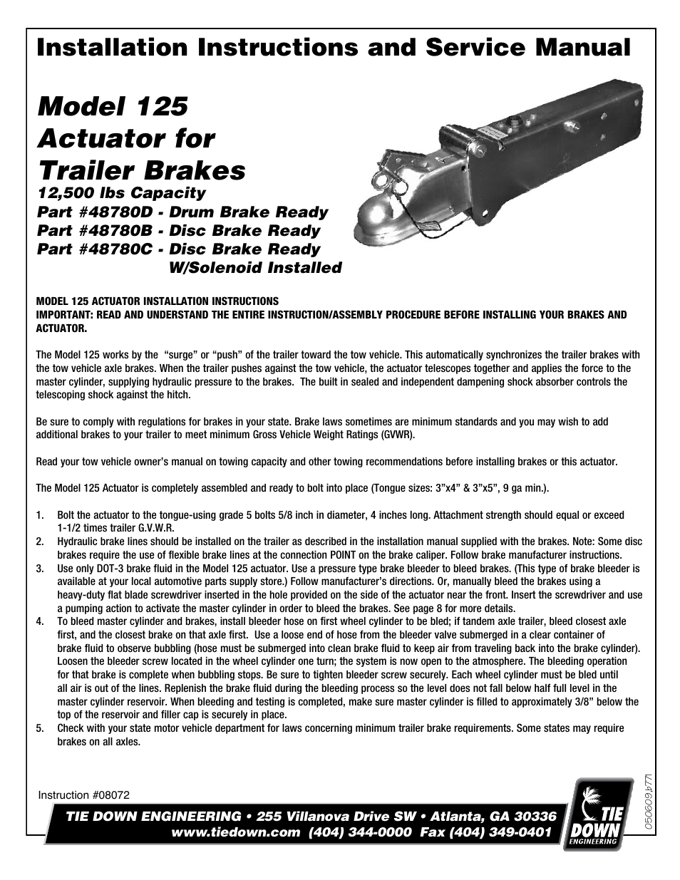 Tie Down 125 Actuator User Manual | 8 pages