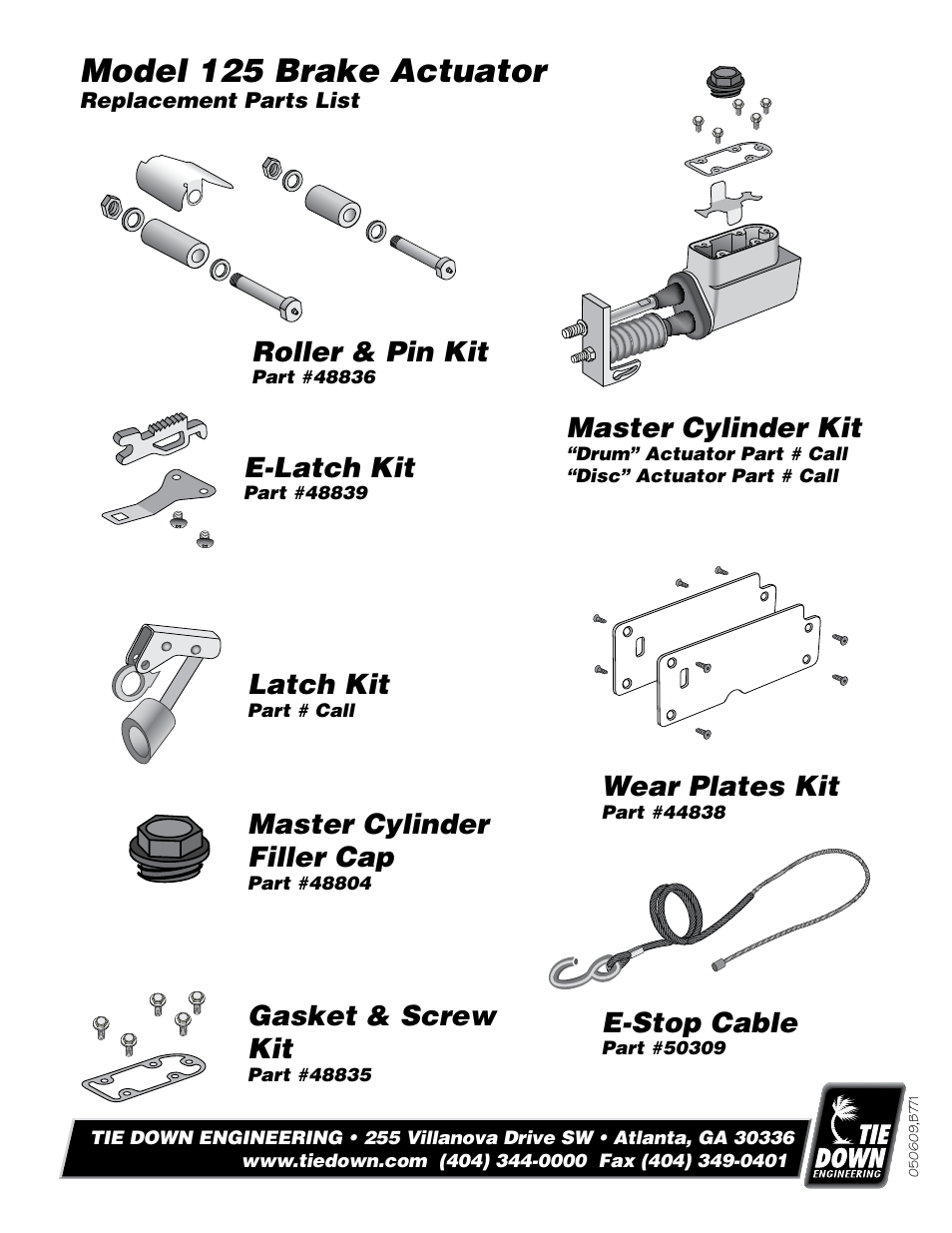 Model 125 brake actuator, Roller & pin kit, Latch kit | Wear plates kit, E-stop cable, Gasket & screw kit, Master cylinder filler cap, E-latch kit, Master cylinder kit | Tie Down 125 Actuator User Manual | Page 5 / 8