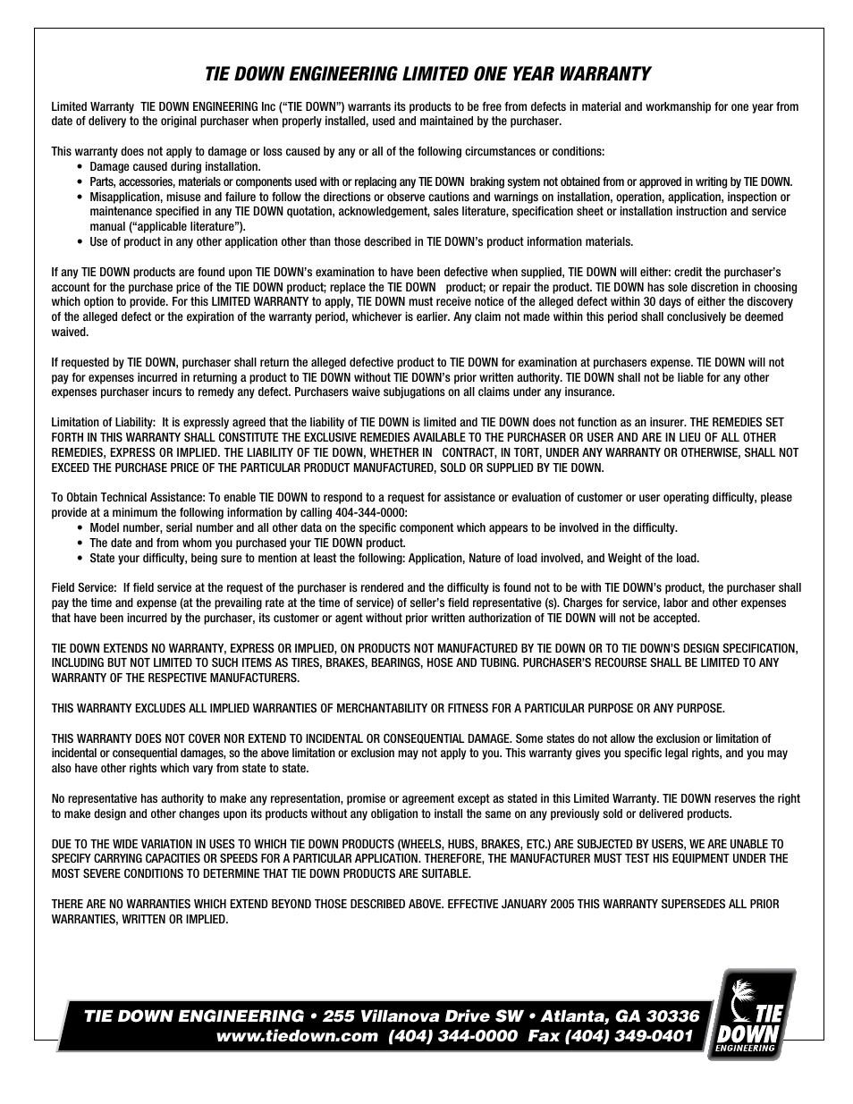 Tie down engineering limited one year warranty | Tie Down 125 Actuator User Manual | Page 6 / 8