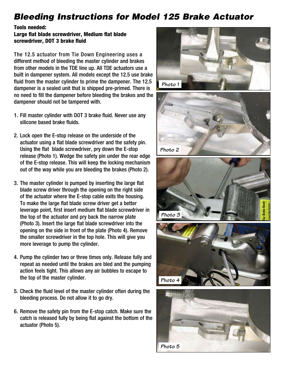 Bleeding instructions for model 125 brake actuator | Tie Down 125 Actuator User Manual | Page 7 / 8