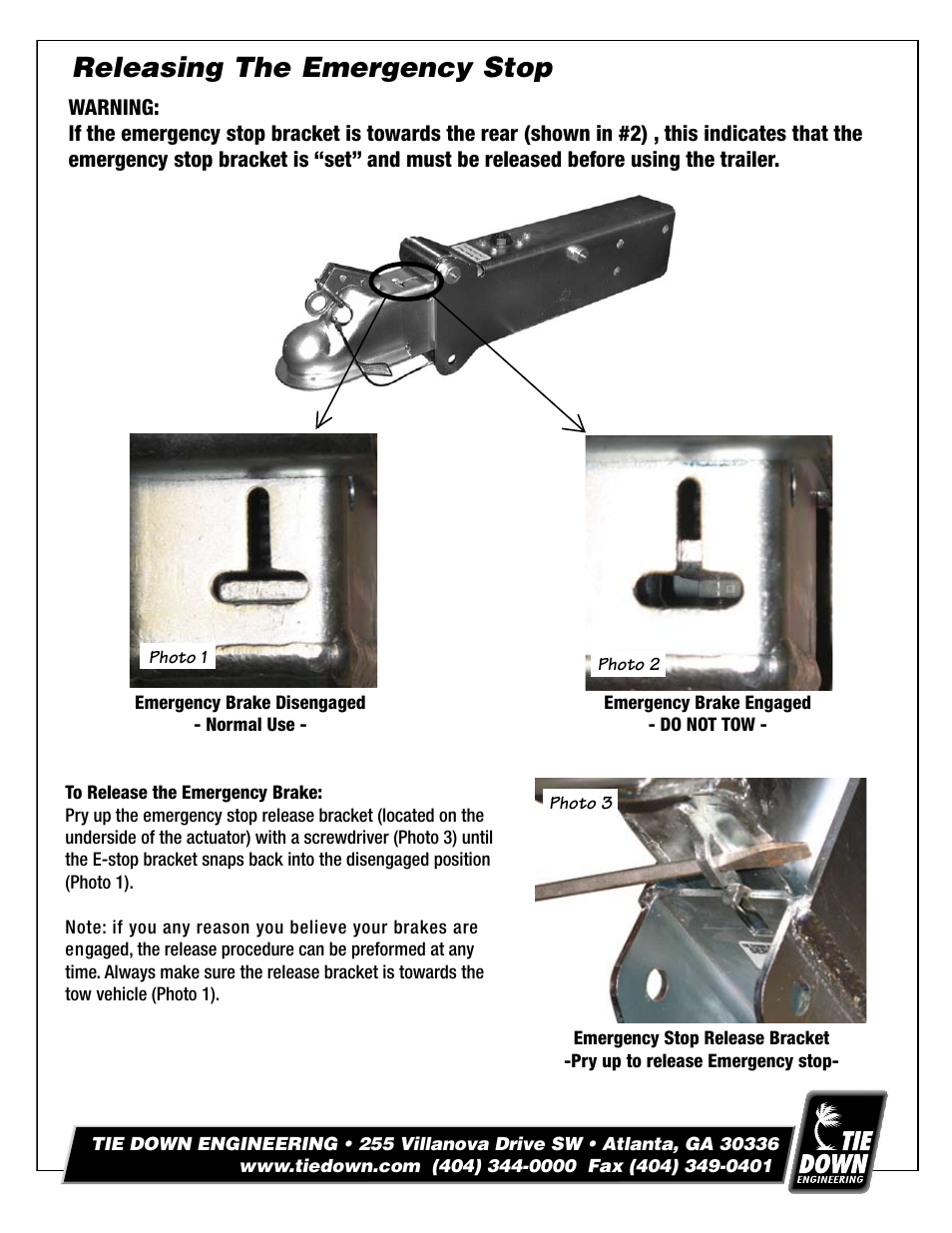 Releasing the emergency stop | Tie Down 125 Actuator User Manual | Page 8 / 8