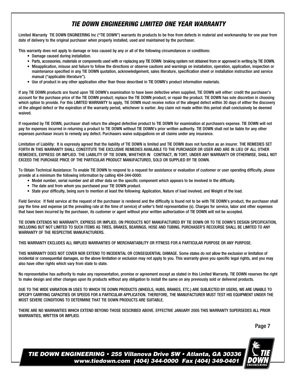 Tie down engineering limited one year warranty | Tie Down 145 Raptor Actuator User Manual | Page 7 / 8