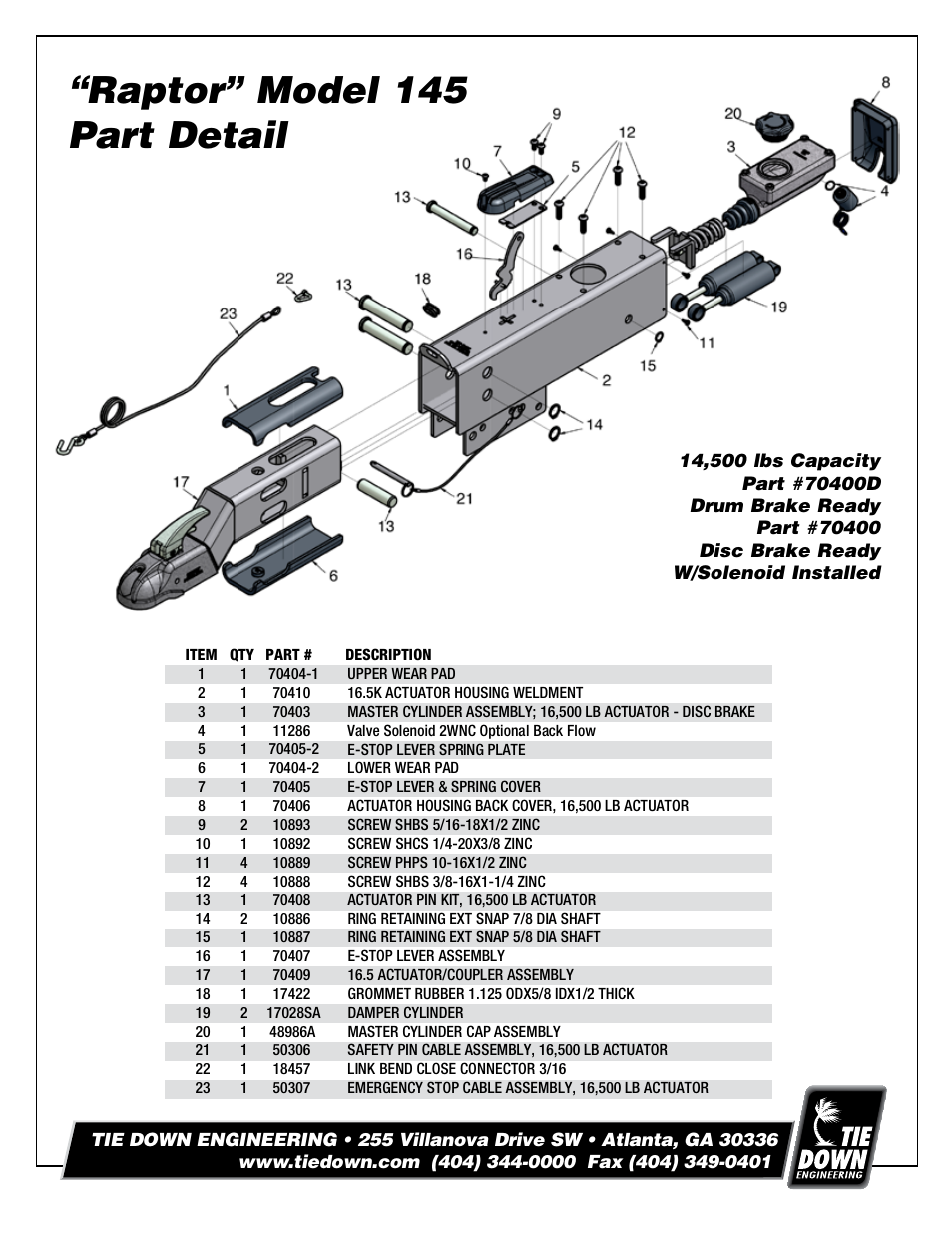 Raptor” model 145 part detail | Tie Down 145 Raptor Actuator User Manual | Page 8 / 8
