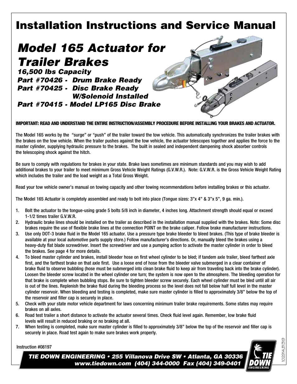 Tie Down 165 Raptor Actuator User Manual | 8 pages