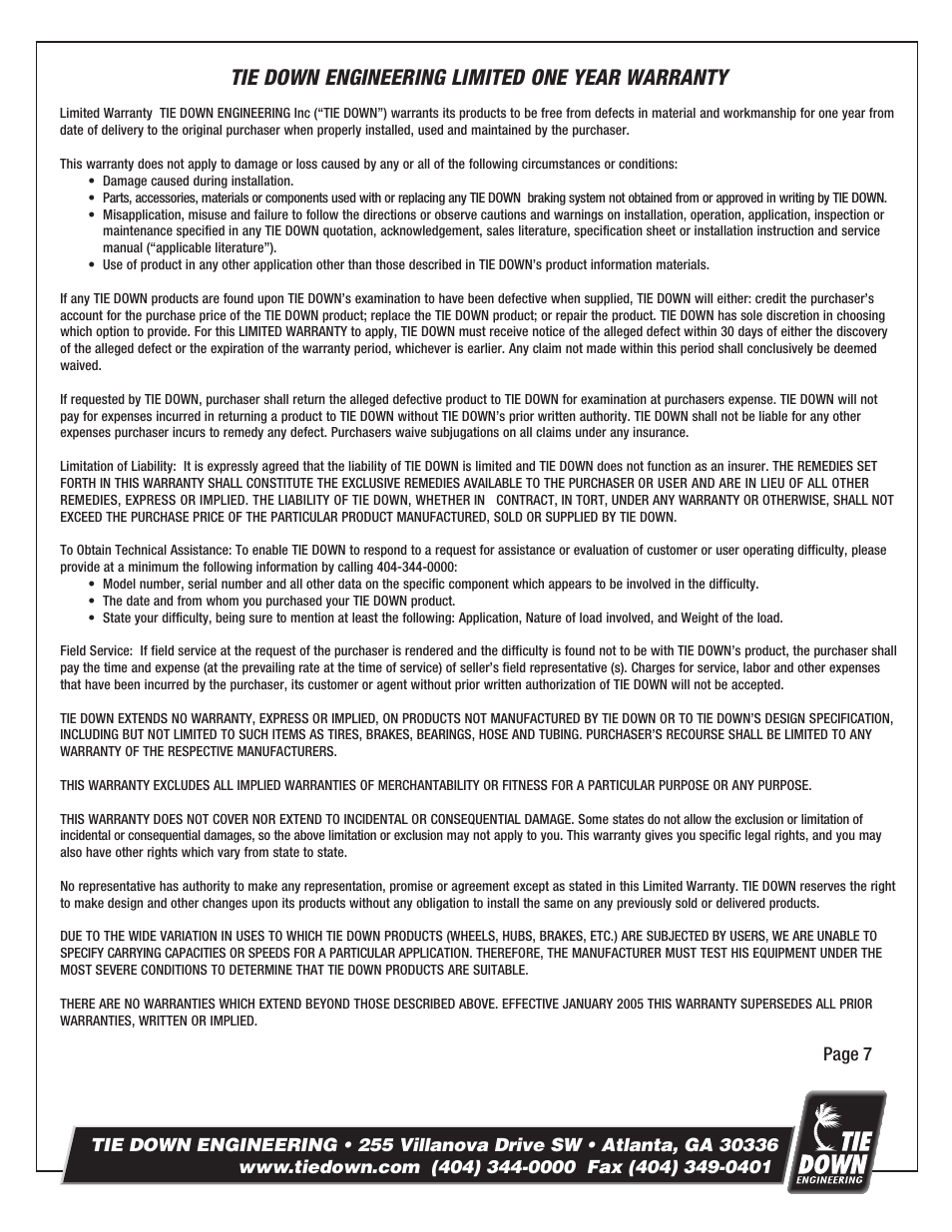 Tie down engineering limited one year warranty | Tie Down LP16.5 User Manual | Page 7 / 8