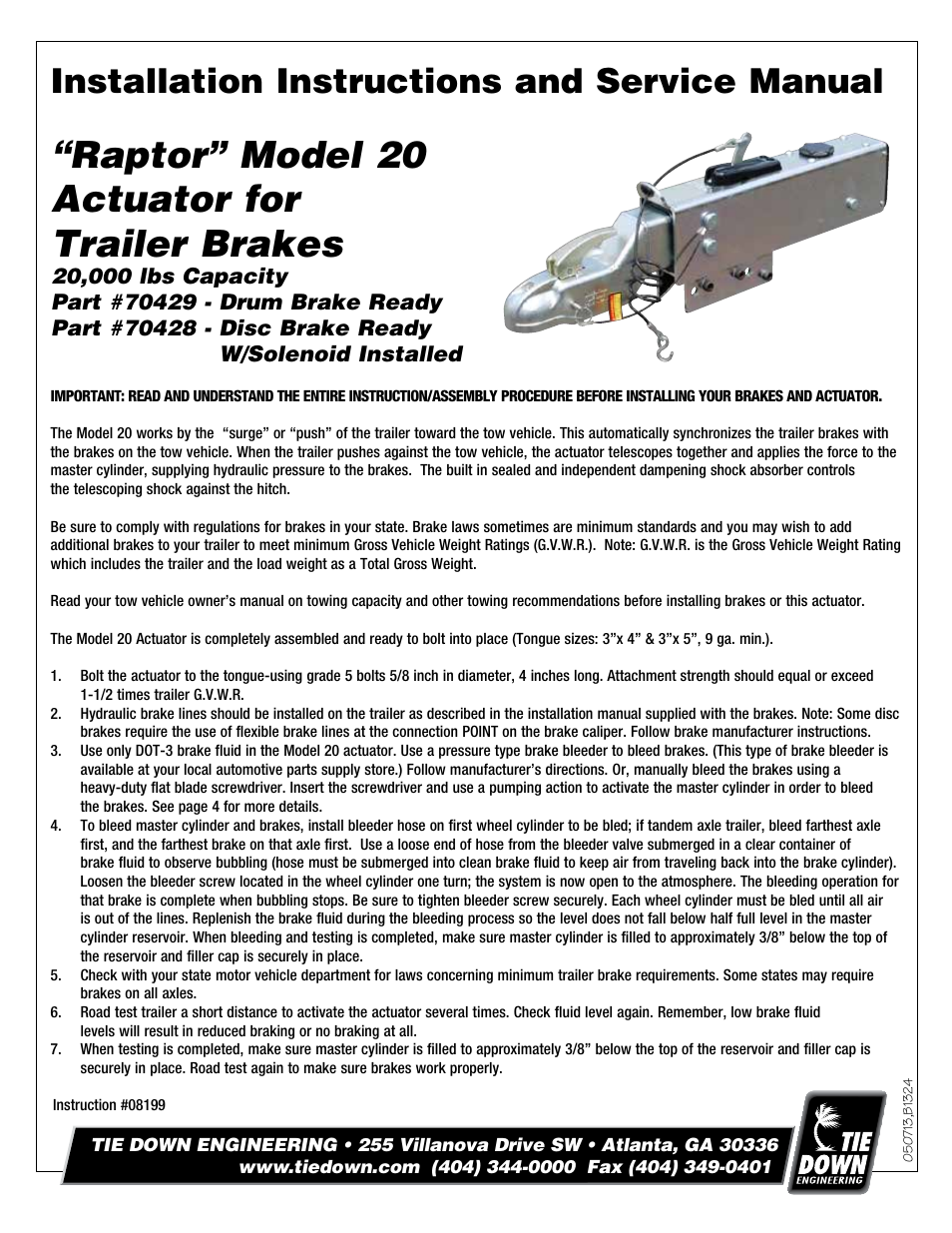 Tie Down 20 Raptor Actuator User Manual | 8 pages
