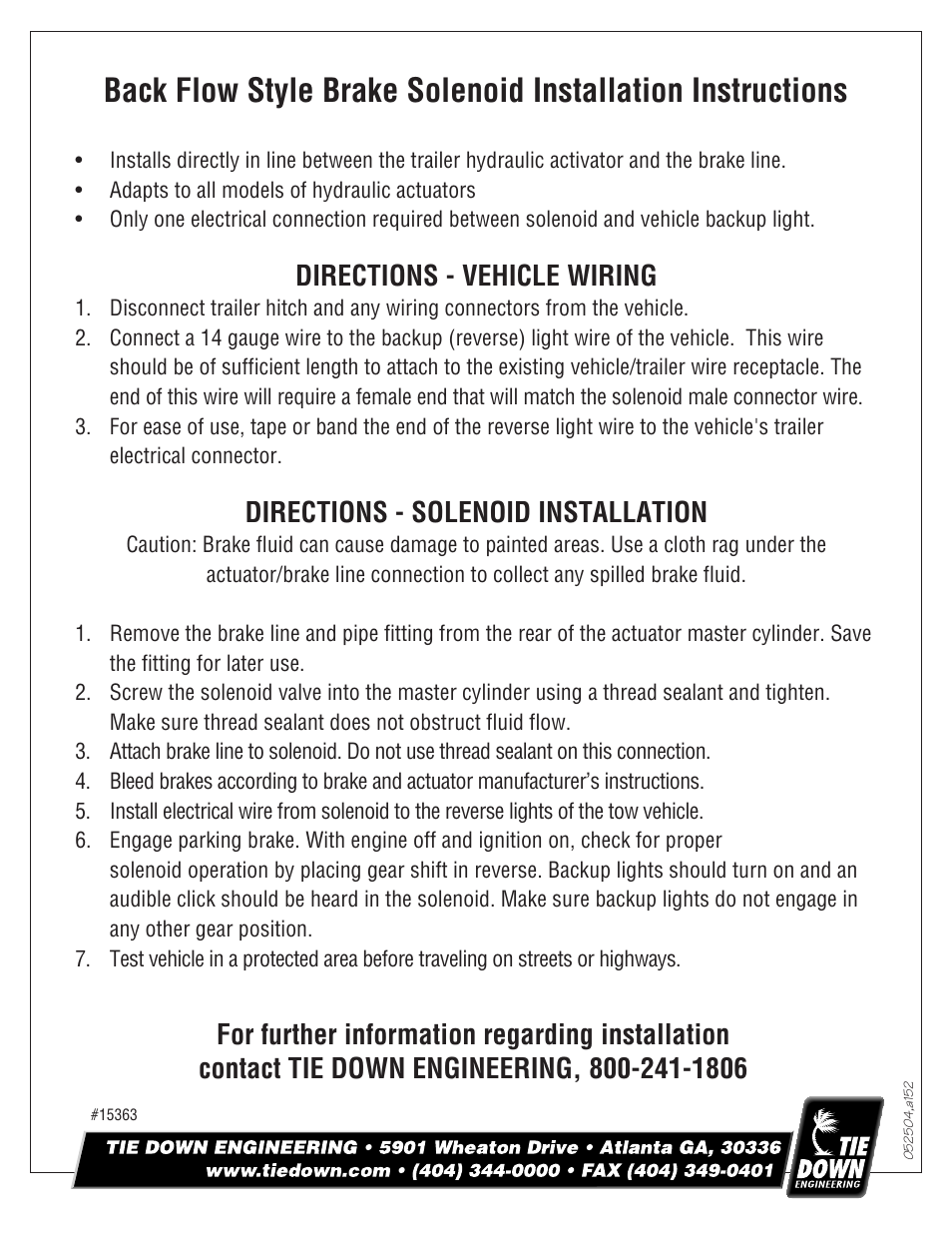 Tie Down Back Flow Style Brake Solenoid User Manual | 1 page
