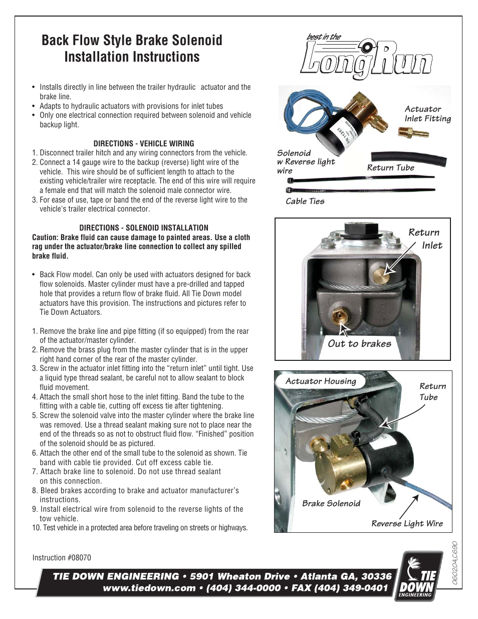 Tie Down Brake Solenoid Kit for use with Tie Down's Brake Actuator User Manual | 1 page