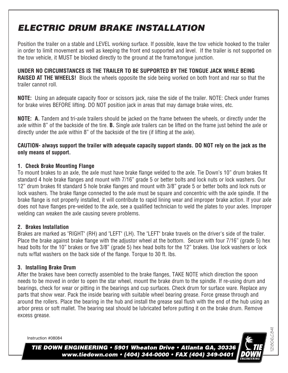 Tie Down Drum Brake Kit for Electric Brakes User Manual | 4 pages