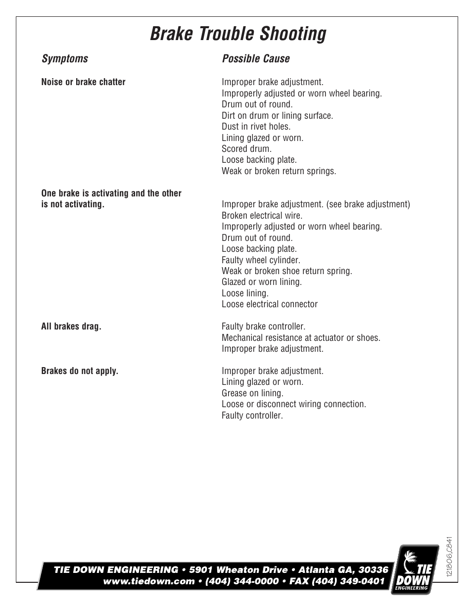 Brake trouble shooting | Tie Down Drum Brake Kit for Electric Brakes User Manual | Page 3 / 4