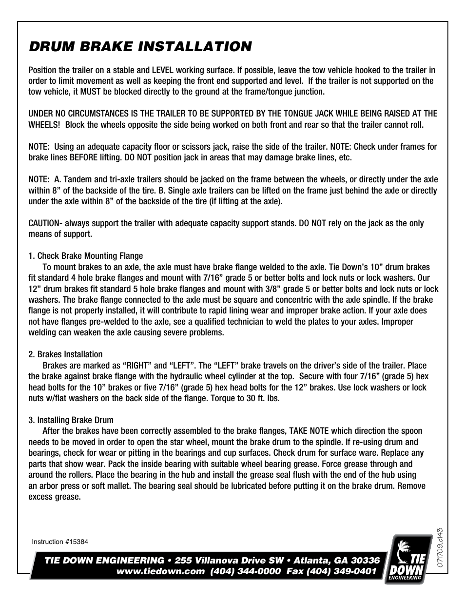 Tie Down Drum Brake Kit User Manual | 4 pages