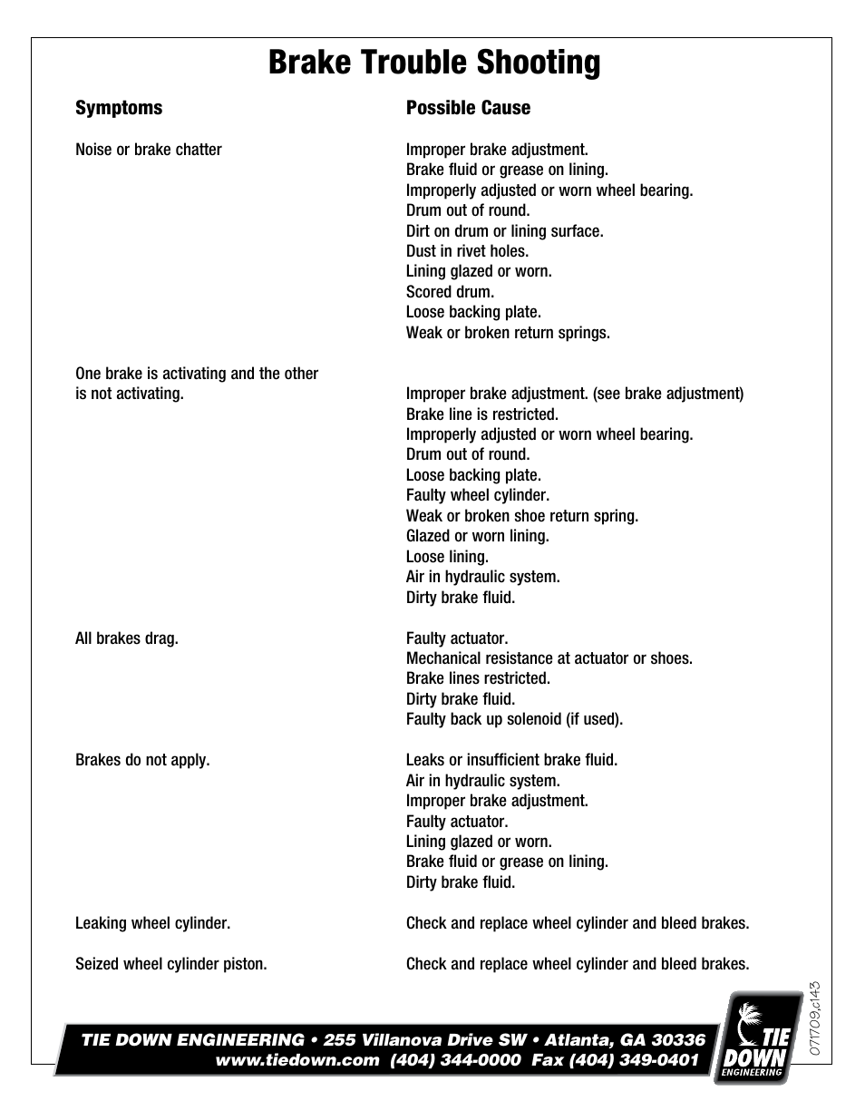 Brake trouble shooting | Tie Down Drum Brake Kit User Manual | Page 4 / 4