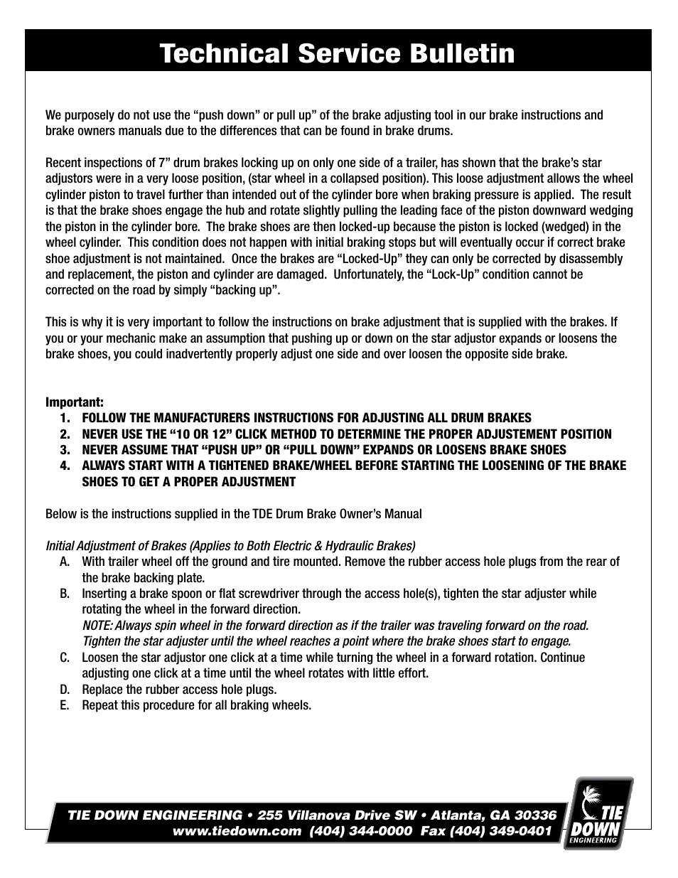 Technical service bulletin | Tie Down TSB - Drum Brakes User Manual | Page 2 / 2