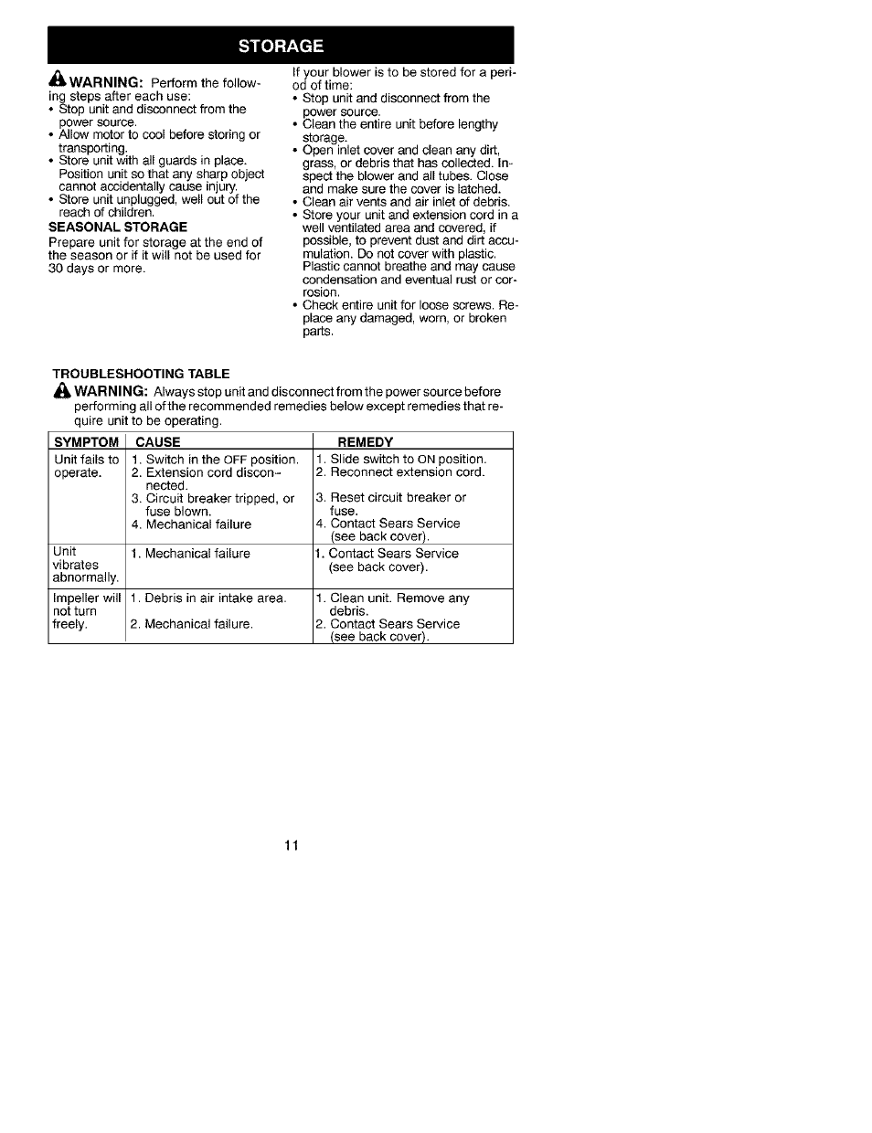 Storage | Craftsman 358.799400 User Manual | Page 11 / 23