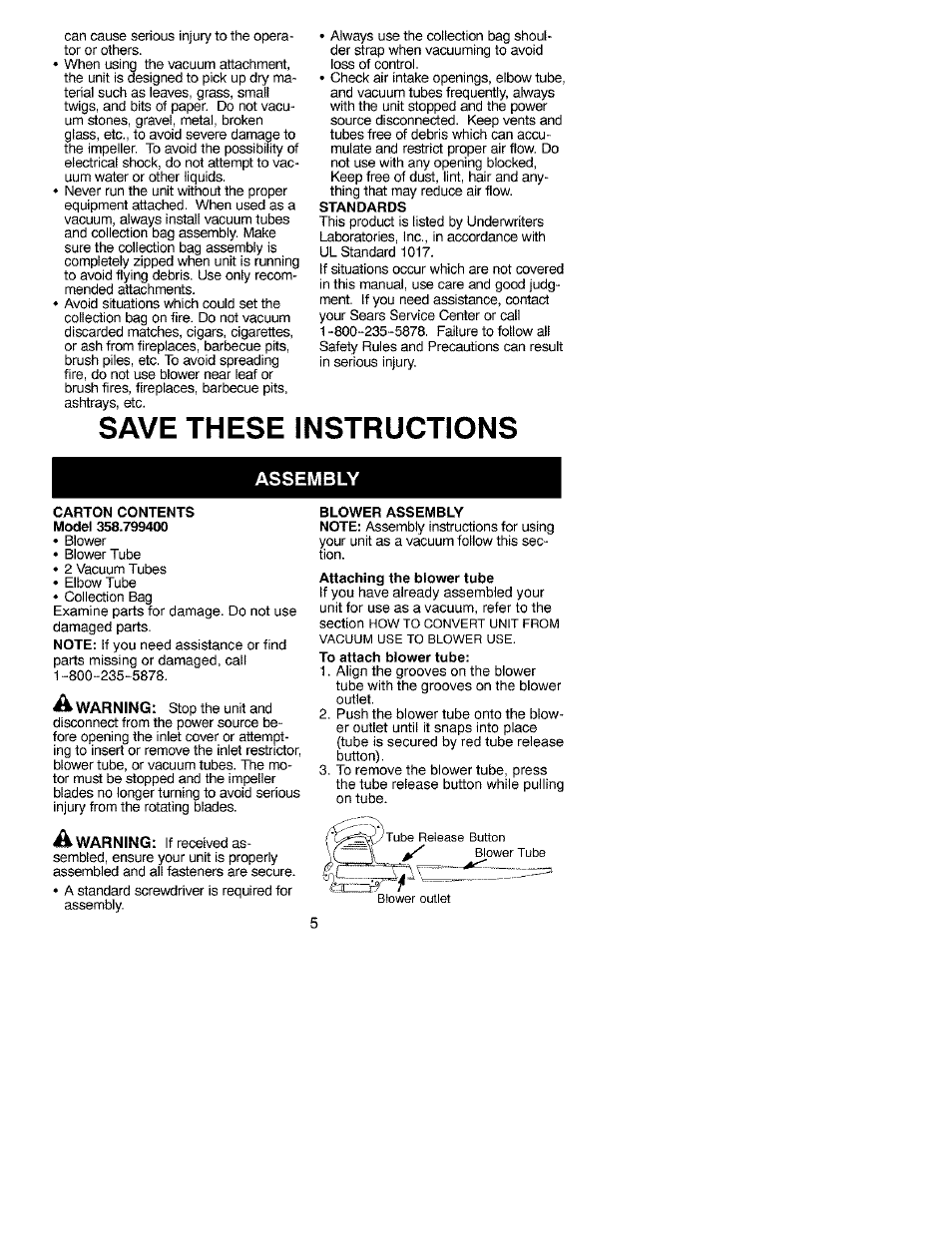 Save these instructions, Assembly | Craftsman 358.799400 User Manual | Page 5 / 23