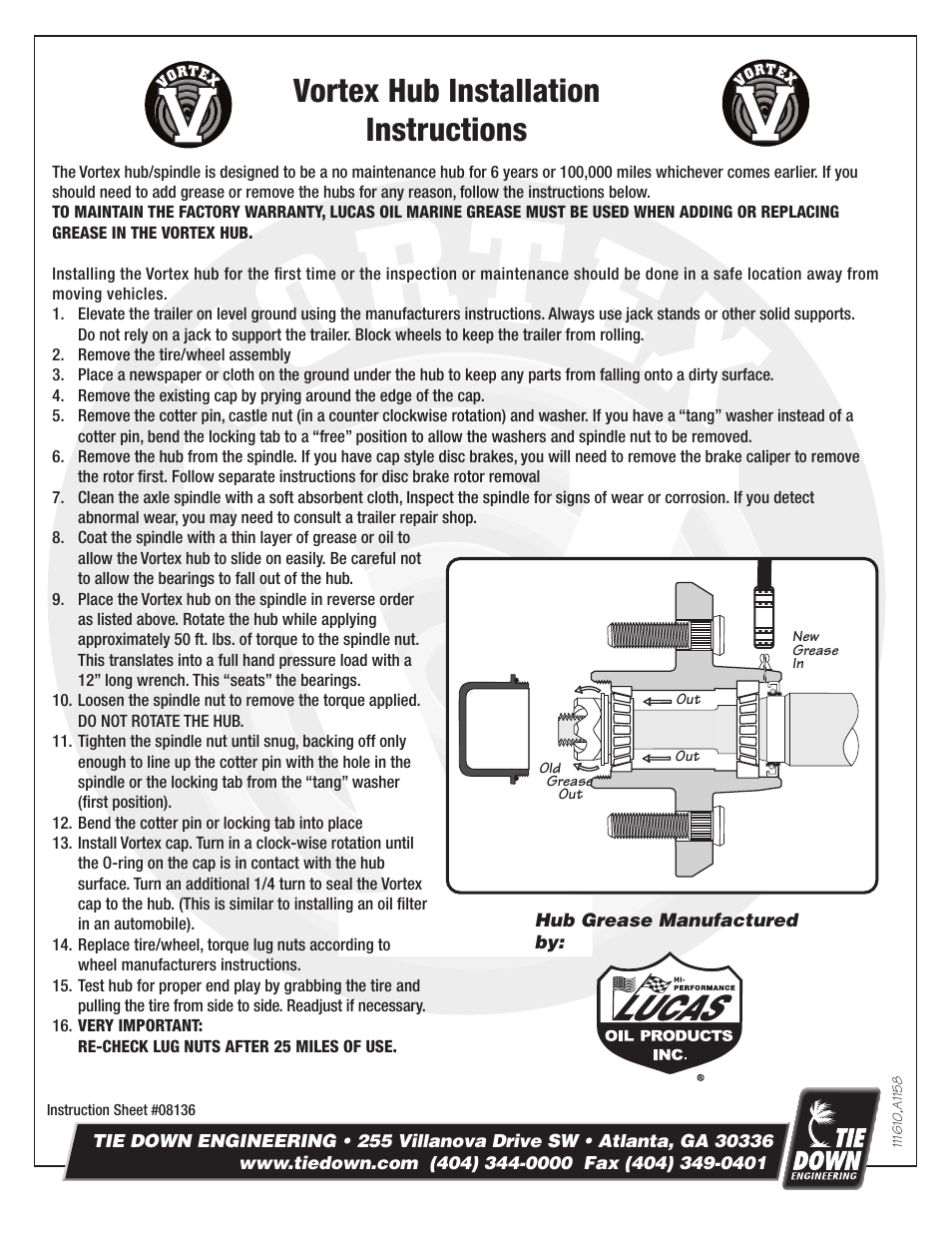 Tie Down Vortex Hub User Manual | 2 pages