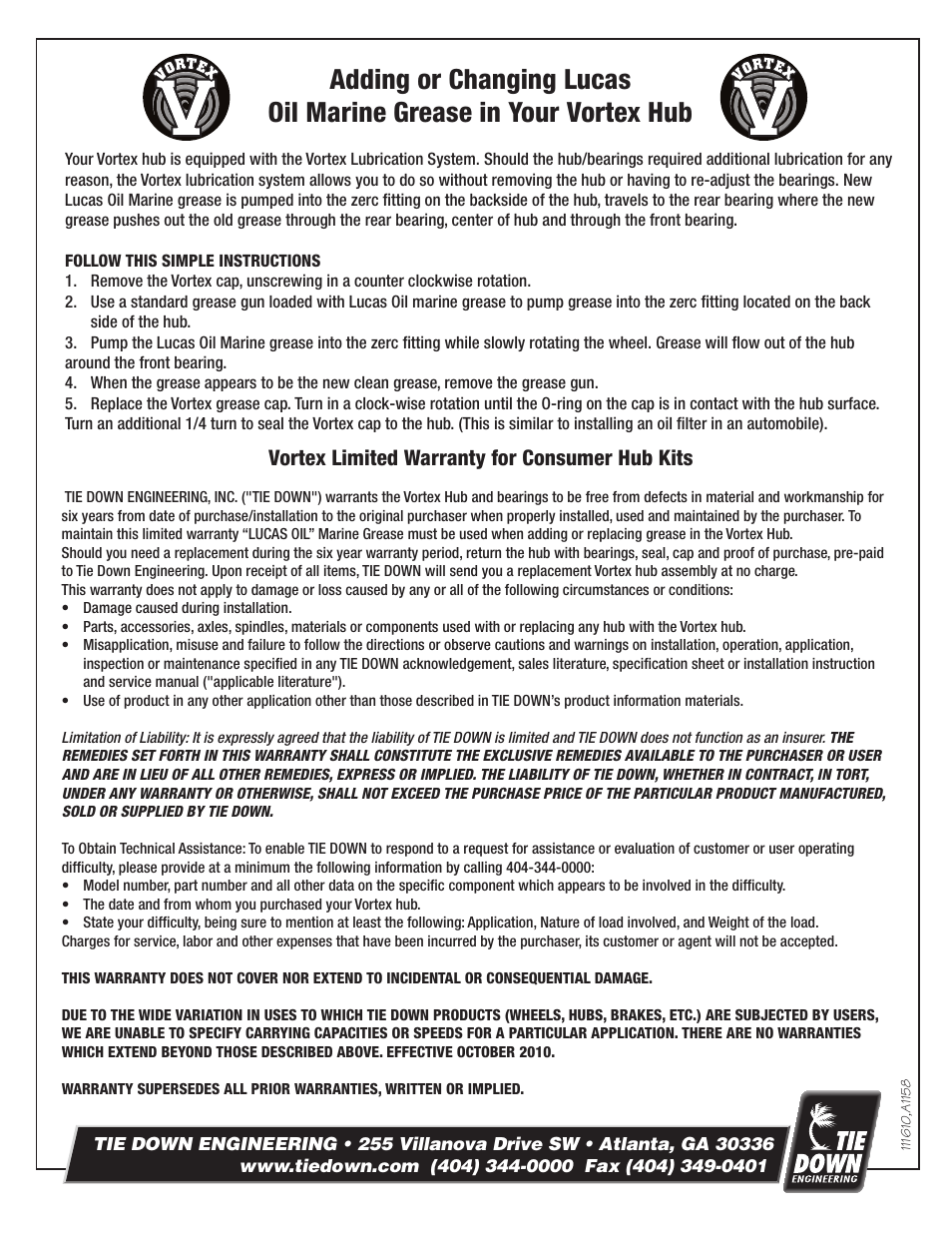 Vortex hub installation instructions, Vortex limited warranty for consumer hub kits | Tie Down Vortex Hub User Manual | Page 2 / 2