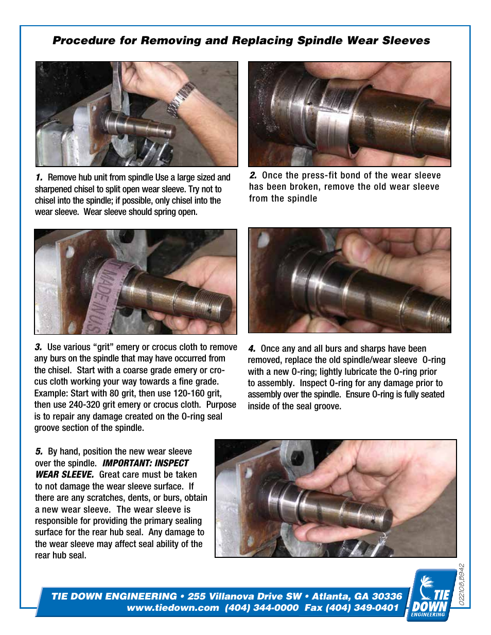 Tie Down Spindles Procedure for Removing and Replacing Spindle Wear Sleeves User Manual | 2 pages