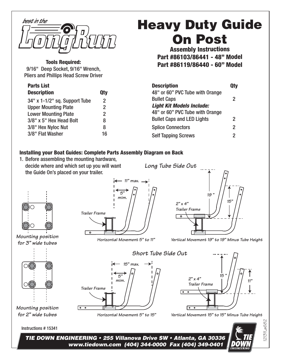 Tie Down Bunk Guides 24 User Manual | 2 pages