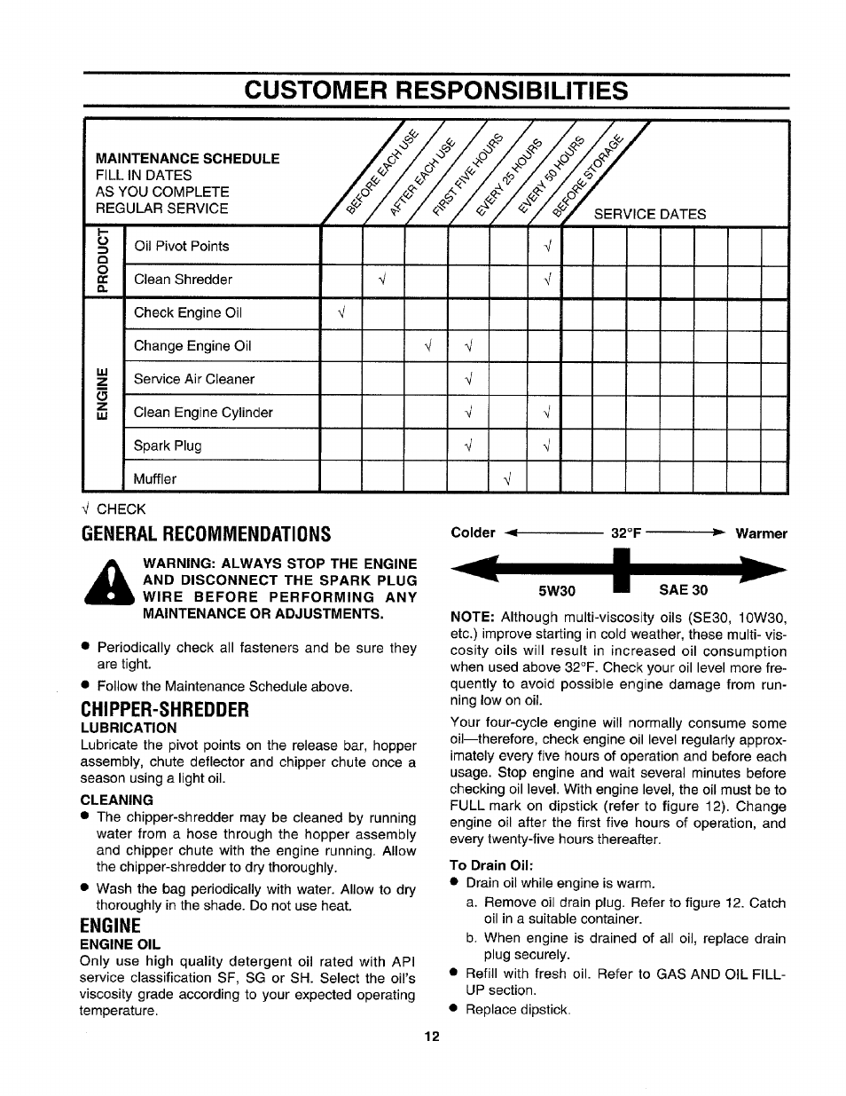 General recommendations, Chipper-shredder, Engine | Customer responsibilities | Craftsman 247.795850 User Manual | Page 12 / 42